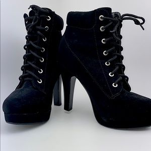 Black Lace Up Platform Chunky High Heel Booties